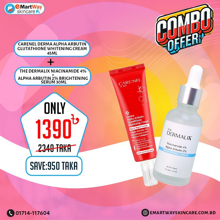 Combo 3 (Carenel Derma Alpha Arbutin Glutathione Whitening Cream 45ml & The Dermalix Niacinamide 4% + Alpha Arbutin 2% Brightening Serum 30ml)
