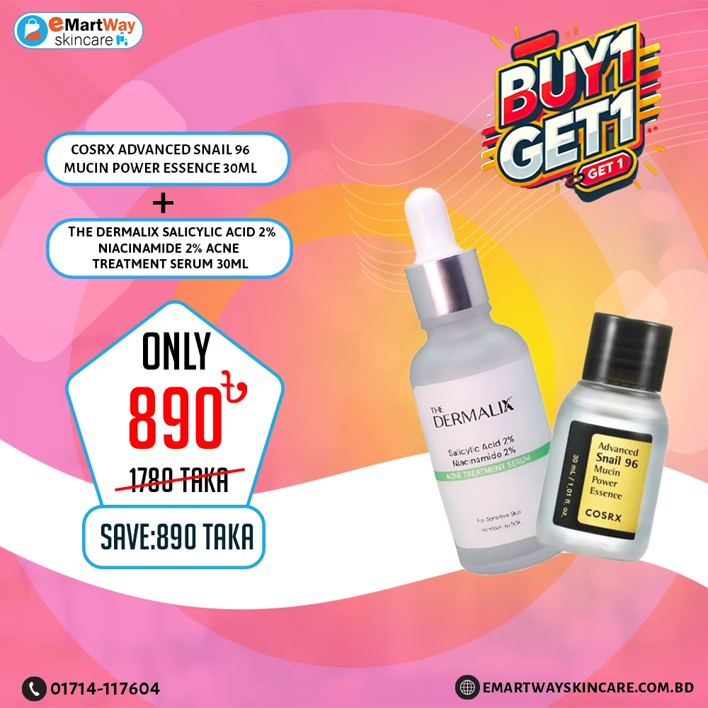 Buy 1 Get 1 ( Buy The Dermalix Salicylic Acid 2% + Niacinamide 2% Acne Treatment Serum 30ml Get Cosrx Advanced Snail 96 Mucin Power Essence 30ml)